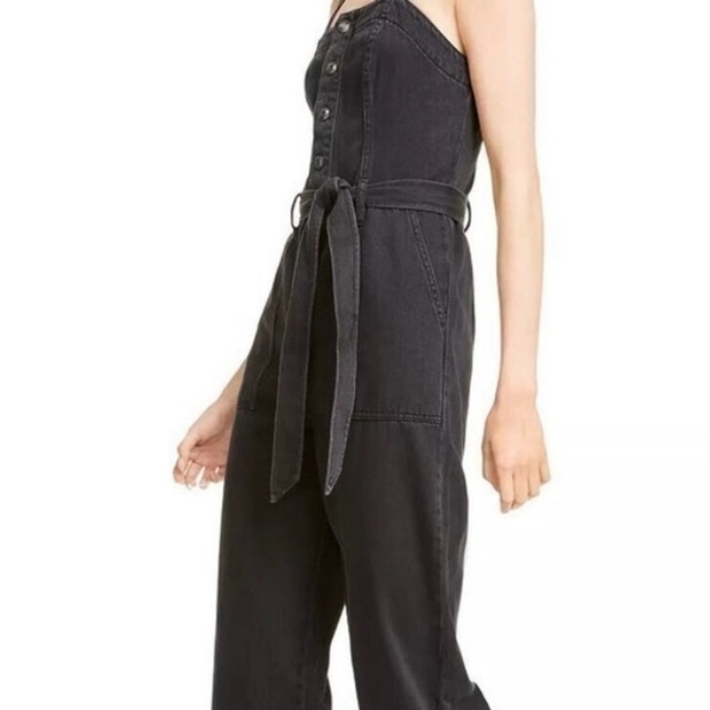 Oat New York Black Denim Overalls with Belted Waist